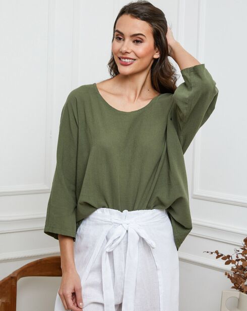 Khakifarbenes Top aus Leinen und Baumwolle