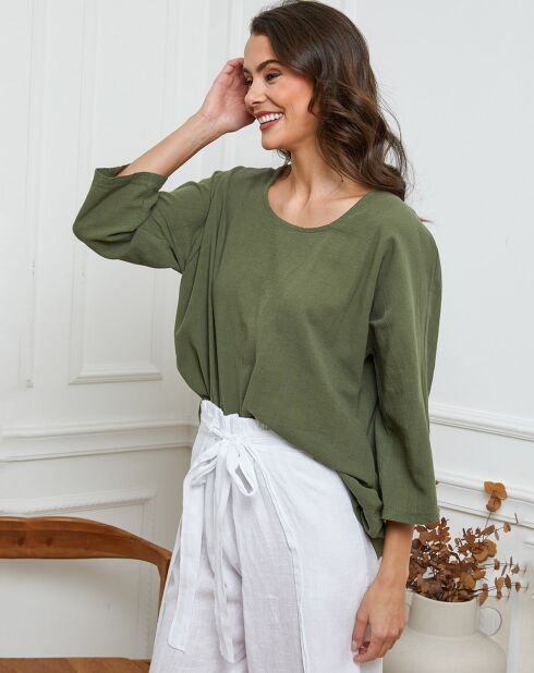 Khakifarbenes Top aus Leinen und Baumwolle