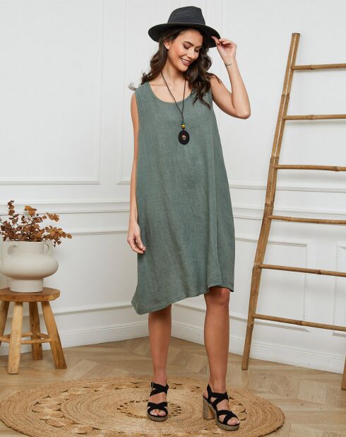 Hemar khakifarbenes Kleid aus 100% Leinen