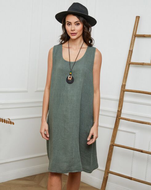 Hemar khakifarbenes Kleid aus 100% Leinen