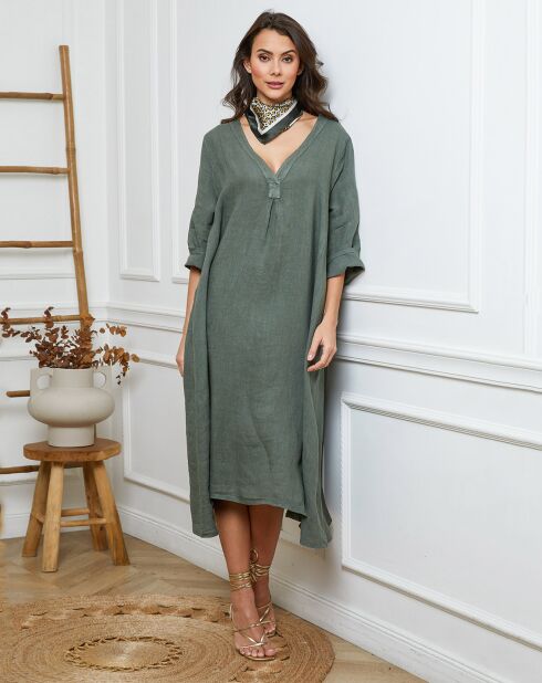 Indira khakifarbenes Kleid aus 100% Leinen