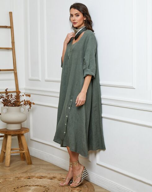 Indira khakifarbenes Kleid aus 100% Leinen