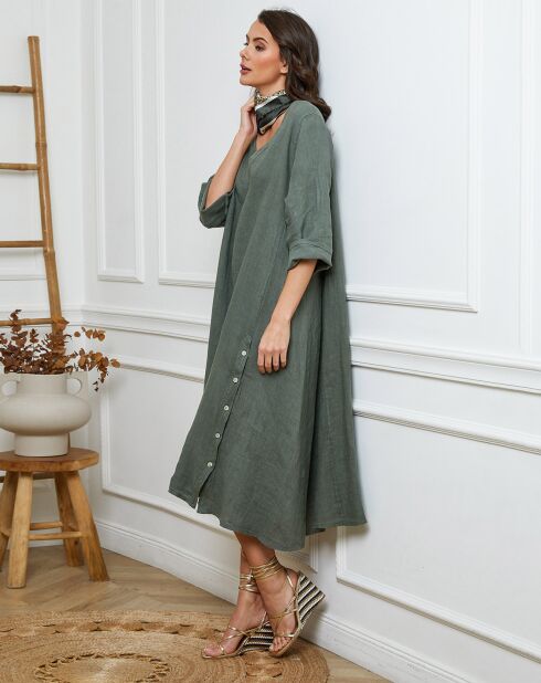 Indira khakifarbenes Kleid aus 100% Leinen