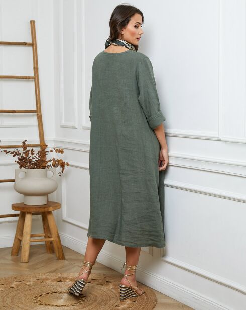 Indira khakifarbenes Kleid aus 100% Leinen