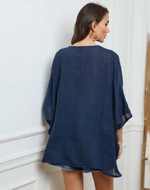 Marineblaue Bluse Finlinda aus 100% Leinen