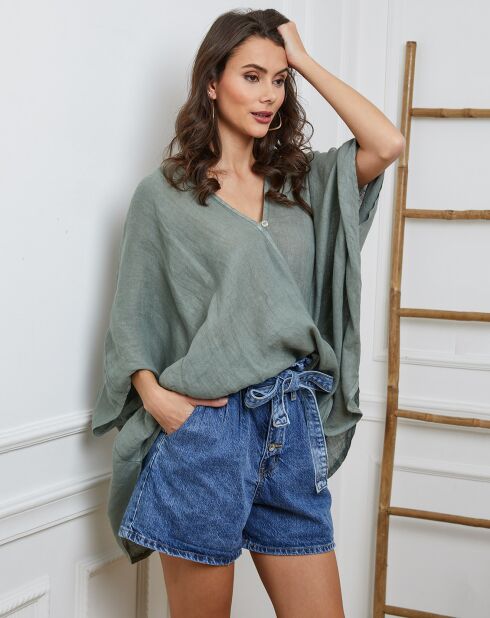 Kaki blouse van 100% linnen Finlinda