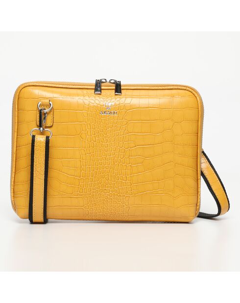 Sac bandoulière en Cuir Angie Croco jaune moutarde  - 27x20x5 cm