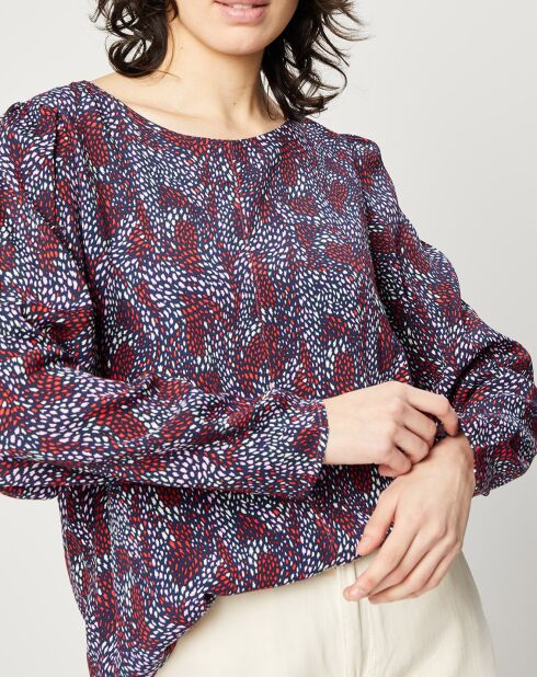 Blouse fluide à manches bouffantes motifs prune/bleu