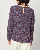 Blouse fluide à manches bouffantes motifs prune/bleu