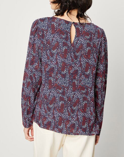 Blouse fluide à manches bouffantes motifs prune/bleu