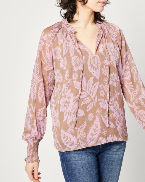 Blouse fluide à manches longues à Fleurs taupe/rose