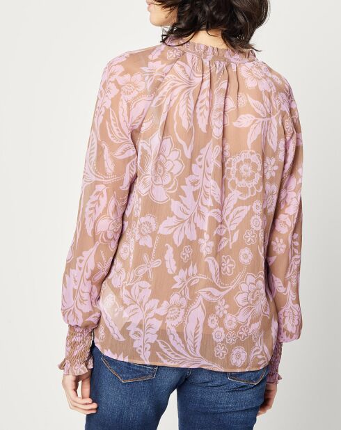 Blouse fluide à manches longues à Fleurs taupe/rose