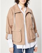 Blouson zippé à grande poche beige foncé