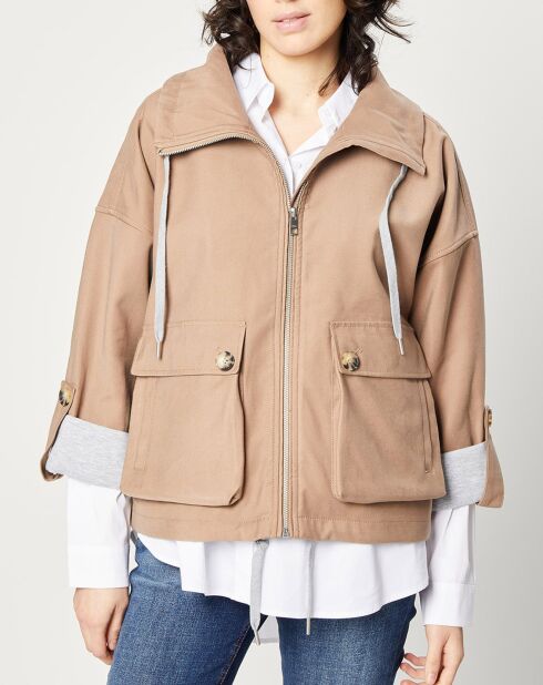 Blouson zippé à grande poche beige foncé