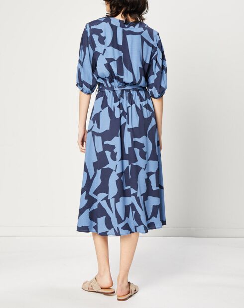Robe mi-longue Col V à ceinture bleu/nuit