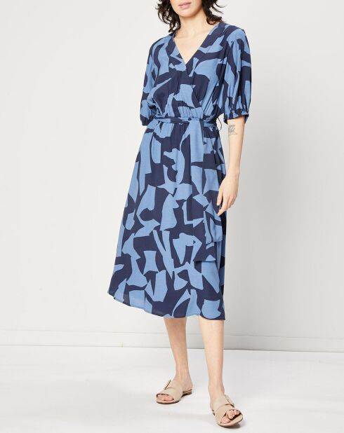 Halflange jurk met V-hals en blauw/nachtriem