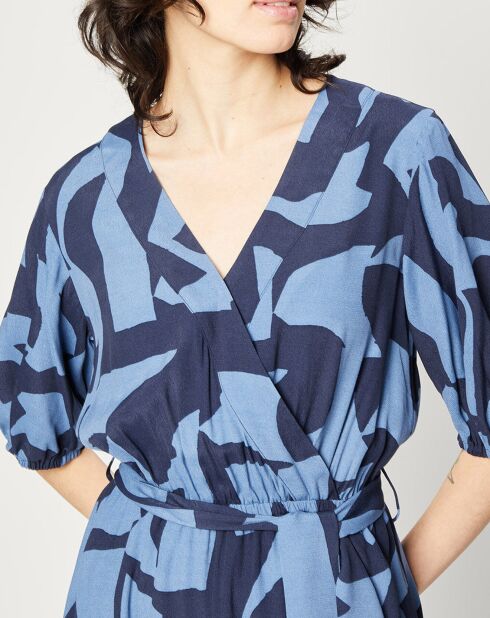 Robe mi-longue Col V à ceinture bleu/nuit