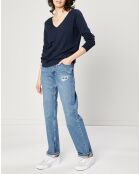 Jeans droit en Toile de coton taille haute bleu moyen