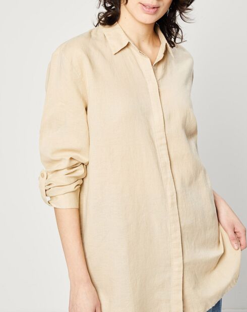 Oversized beige overhemd van een mix van linnen en katoen