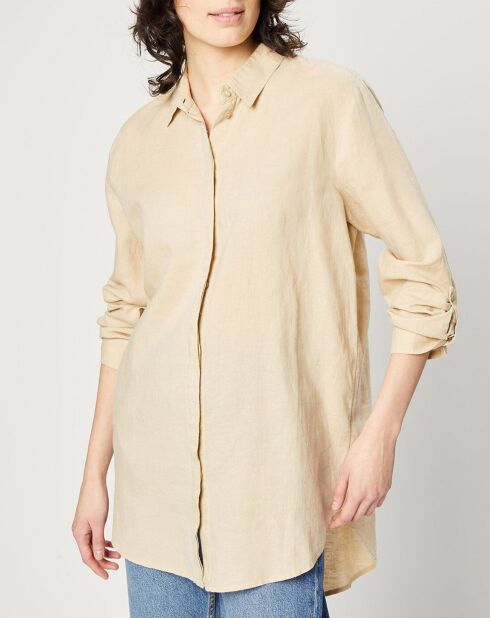 Oversized beige overhemd van een mix van linnen en katoen