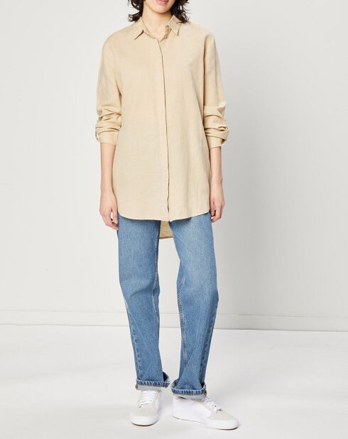 Oversized beige overhemd van een mix van linnen en katoen
