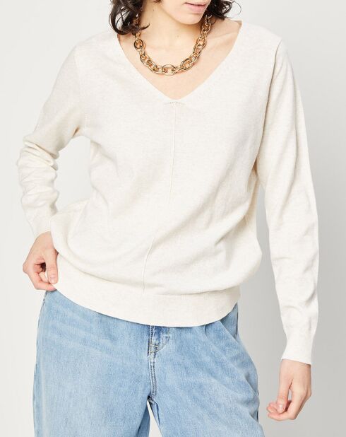 Pull fin en Maille de Coton Col V beige