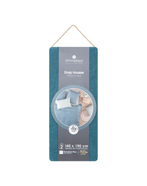 Drap housse Linah en lin lavé bonnet 30 cm bleu canard