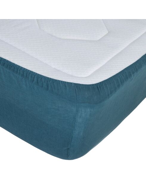 Drap housse Linah en lin lavé bonnet 30 cm bleu canard