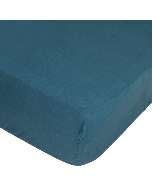 Drap housse Linah en lin lavé bonnet 30 cm bleu canard