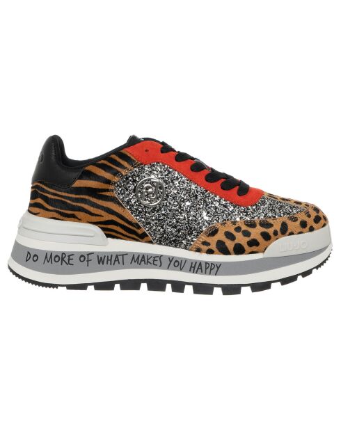 Sneakers en Cuir Solène leopard/argenté/rouge