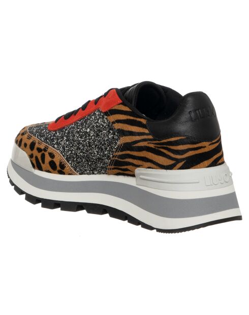 Sneakers en Cuir Solène leopard/argenté/rouge