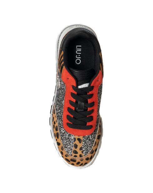 Sneakers en Cuir Solène leopard/argenté/rouge