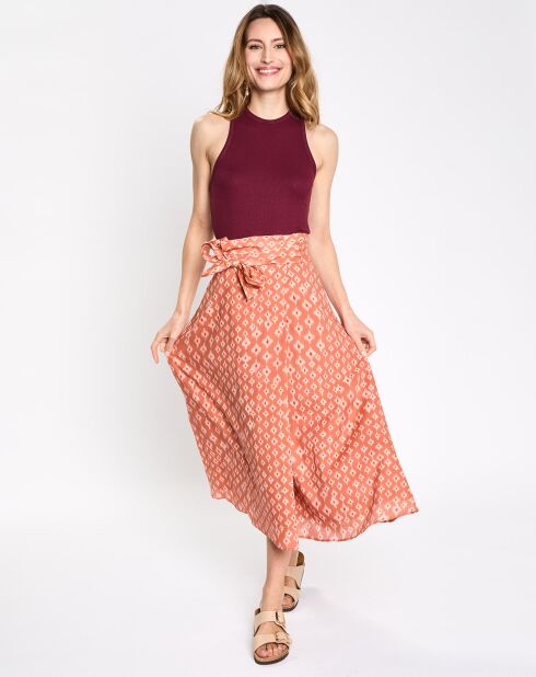 Langer Georgie Rock mit orangefarbenem und ecrufarbenem Aufdruck