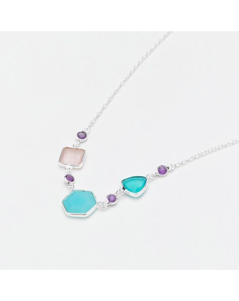 Collier en Argent & Calcédoine bleue & Quartz rose