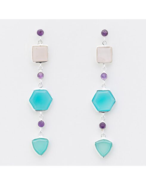 Boucles d'oreilles en Argent, Calcédoine bleue & Quartz rose