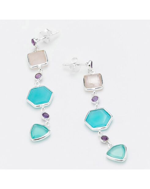 Boucles d'oreilles en Argent, Calcédoine bleue & Quartz rose