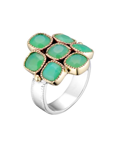 Bague en Argent, Laiton & Calcédoine Chrysoprase verte