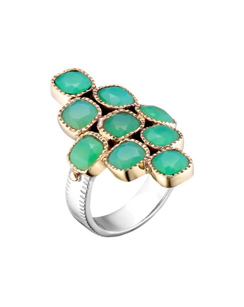 Bague en Argent, Laiton & Calcédoine Chrysoprase verte