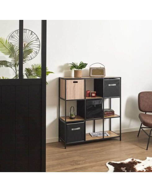 Rangement modulable 9 cases Loka marron/noir - 99x105.5x32 cm