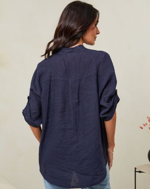 Marineblauw overhemd van 100% linnen Vicky