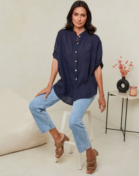 Marineblauw overhemd van 100% linnen Vicky