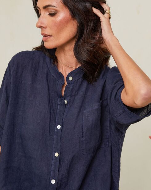 Marineblauw overhemd van 100% linnen Vicky