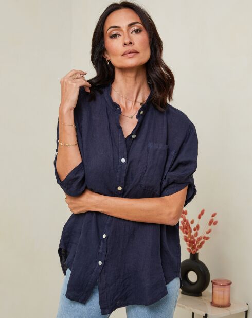 Marineblauw overhemd van 100% linnen Vicky