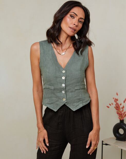 Lorie khakifarbener Cardigan aus 100% Leinen