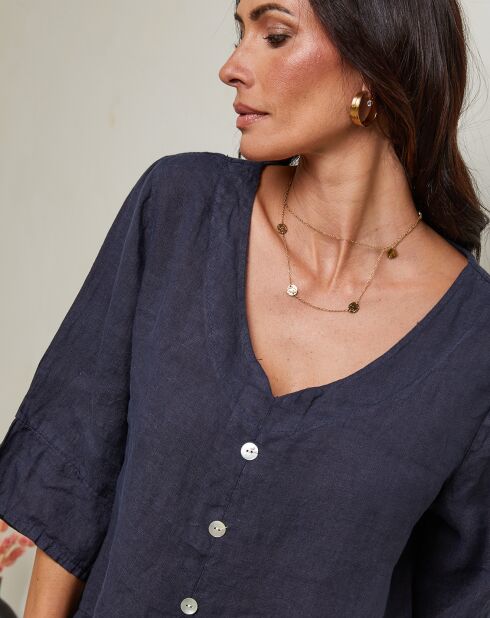 Marineblauwe top van 100% linnen Siliana