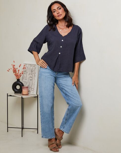 Marineblauwe top van 100% linnen Siliana