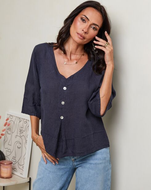 Marineblauwe top van 100% linnen Siliana