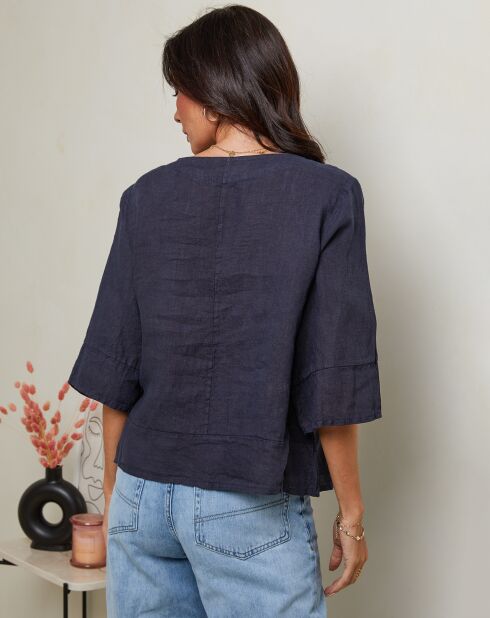 Marineblauwe top van 100% linnen Siliana