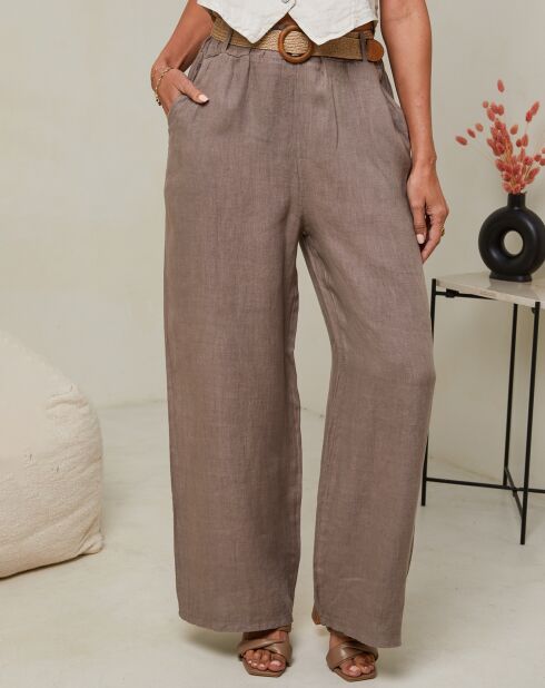 Laureannie taupe broek van 100% linnen