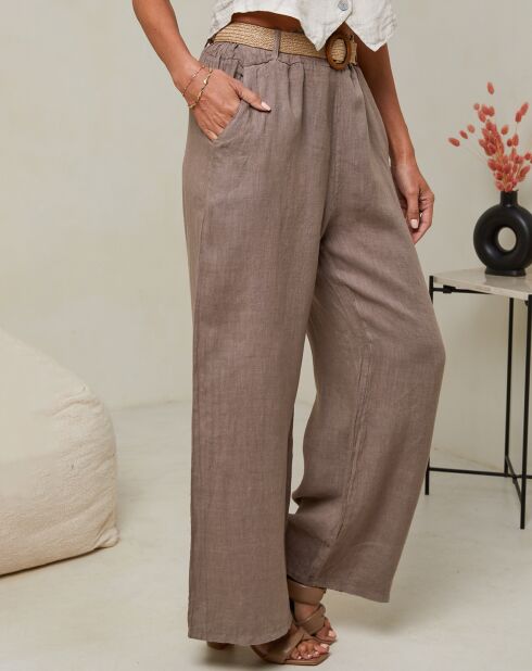 Laureannie taupe broek van 100% linnen